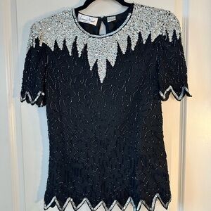 Vintage Laurence Kazar Beaded Sequin Embellished Silk Black&Silver Party Top,M/L
